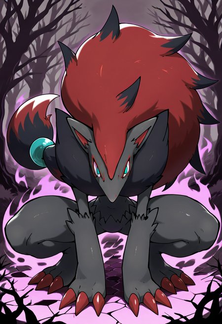 masterpiece, best quality, no humans,    zzZoroark,  <lora:ZoroarkPokedex_IXL_v1:1.0>,    zzZoroark, forest clearing, shattered moonlight, crouching pose, tension in the air, fog weaving through the trees â In the heart of a silent clearing, zzZoroark crouches low to the ground, claws spread, eyes locked on something hidden beyond the fog. Moonlight spills through broken branches above, fragmented by the canopy, casting sharp shadows that stretch like claws across the mossy floor. looking at viewer, glowing eyes, face focus,