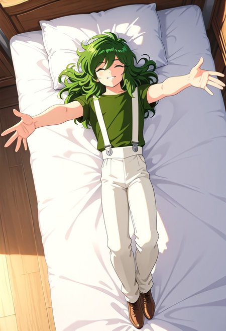 masterpiece, best quality, amazing quality, very aesthetic, absurdres, newest, ANDROMESHUN, SHUNPLAIN, 1boy, slender figure, long wavy green hair, green eyes, green shirt, white overalls, brown shoes, view from above, indoors, bed, lying on back, smile, eyes closed, outstretched arms,