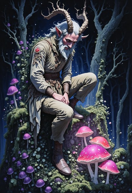 Studio Ghibli Dark Fairytale satyr depicting a fantastical scene with an old, bearded man with goat-like features, reminiscent of a satyr or faun. He is sitting on a rock in a forest setting, surrounded by lush greenery and purple plants and twisting vines and glowing magenta mushrooms