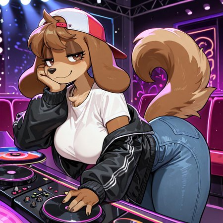 masterpiece, best quality, newest, absurdres, highres, furry, perfect anatomy, 4nn4h,1girl,solo,furry,furry female,a girl,dog ears,long ears,brown hair,short hair,brow eyes,snout,animal nose,body fur,brown fur,dog tail, indoors, club, nightclub, dj, disc jockey, playing music, white shirt, black jacket, blue pants, denim, backwards cap, backwards hat, happy, smiling, half-closed eyes, looking at viewer, elbow on table, hand on own face,