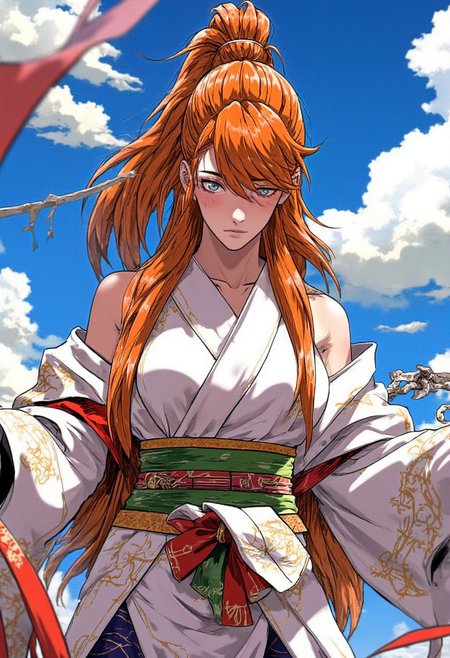 Highly detailed and dramatic digital artwork featuring a young woman with an anime-style aesthetic. The subject is a female character with a fair complexion and long, straight, orange hair styled in a high ponytail with a few strands framing her face. white kimono with a sash that leave bare shoulders and clavicle exposed. Her hair is adorned with a small, high bun on the top of her head. The background is a beautifil sky, enhancing the focus on the character. The overall style is vibrant and dynamic
