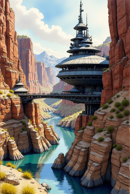 <lora:Vibrant_watercolor_v.22:0.9>  Isometric view, symmetric shape, detailed hull, futuristic design.  A futuristic concept watercolor illustration features a breathtaking structure rises from the canyon's edge like a futuristic citadel carved from stone and metal. Its intricate spires and sweeping, skeletal beams are painted in cool slate gray tones, subtly weathered with streaks of mossy green and rust-red patinas to echo the surrounding rugged terrain. A soaring central tower stretches upward, catching the soft light of a diffused sky, with faint highlights of steel blue and pewter shimmering along its curved surfaces. The bridge connecting the two cliff-top structures is a marvel of engineering, its slender design supported by graceful, arching supports painted in muted shades of gunmetal with delicate hints of sand and ochre to tie into the arid landscape. The reddish and golden layers of the canyon walls below are brought to life with watercolor-like washes of burnt sienna, amber, and deep maroon, blending seamlessly with the sunlit desert floor that stretches into the hazy horizon. The canyon floor is a mixture of muted tans and dusty blues, while patches of green vegetation add splashes of life to the rugged scenery. The watercolor technique lends an ethereal quality to the scene, softening the hard architectural lines and blending them harmoniously with the natural surroundings, creating a captivating balance between human ingenuity and the timeless grandeur of the landscape. 