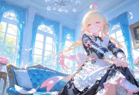 ((poised bow,eye level shot,hands lifting dress,smile,front view, negative space:1.5))

1 girl, short and petite,(blonde hair:1.3), (vibrant pink accents hair:1.1),fair skin,pink eyes, (sparkling eyes:1.1),ahoge,small wings ,floating feathers,(low twintails:1.3)

(Shoulderless sleeve,Black Victorian Maid outfit,hair bun:1.3),(bright victorian bedroom:1.5),(day:1.5)

(Bokeh around character:1.3),(character focus:1.2),((dynamic pose:1.4)),((foreshortening:1.6)),((extreme perspective:1.4))

748cmstyle,Cunnystyle,Smooth_Quality,amazing quality, ((aesthetic:1.3)),(bold lines:1.3),((4k,8k,Ultra HD)),((Masterpiece :1.2)),((Best quality :1.2)),((Detailed :1.5)),((Detailed background :1.5)),