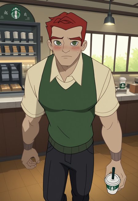 score_9, score_8_up, score_7_up, Absurdres, Intricate Details, Masterpiece, Best Quality, Expressiveh, source_cartoon, screencap, high quality cg, sz4d3k, dofus,
1boy, male focus, solo, plump pecs, 
SpecStyle, SpecHarryOsborn, green eyes, short hair, red hair, sweater vest, short sleeves, black pants,
indoors, starbucks, dynamic angle, dim lighting, dynamic pose,
looking at viewer, blush lines,