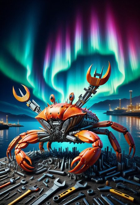 tools, made of tools, morph-aurora, 8k, analog photo, factory construction  crab made of aurora, glowing, under sea aurora glowing background,