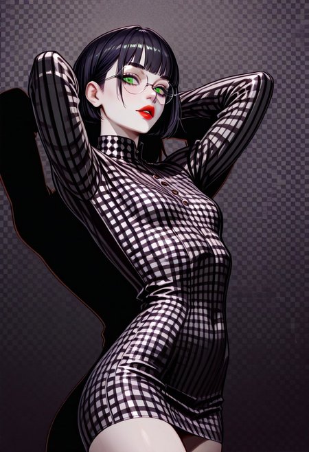 masterpiece, best quality, 32k, high resolution, absurdres, JeddtlIL, dtlys, hyper-detailed, Polly, PollyRH, short hair, bobcut, black hair, bangs, green eyes, small breasts, almost flat chest, slim, pale skin, big round eyeglasses, clear eyeglasses lenses, red lipgloss, black and white background, Checkered background, checkered tube dress, red and black dress, tight dress, pinup pose, shadow, aesthetic, cowboy shot, hands behind head, parted lips, dynamic shot,
