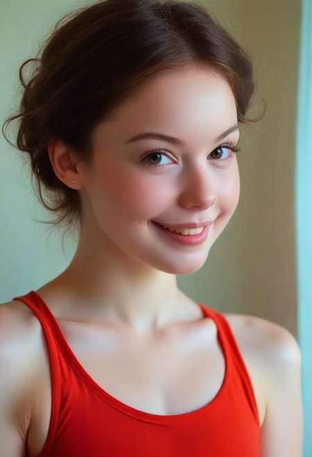 score_9, score_8_up, score_7_up, wide shot, high quality, best quality, photorealistic, sunny, gorgeous shot BREAK 18 year old, 
brunette, cute, big eyes, soft jaw, cute smile, small mouth, plump lips, very plump lips, very small mouth, barely, small nose, neoteny, barely 2, amused, smiling, european, 
th1ntt0png, red tank top2.1, 
fresh skin, goosebump skin, pale skin, 7-cgifaces, skinny, petite, detailed eyes, skinny, flat chested, very widset eyes, very small mouth, very plump lips, cut smile