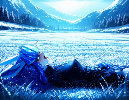pokemon, glaceon , 1girl, ban! \(bansankan\):0.7, quasarcake:0.8, wlop:0.9, animal_ears ,animal_nose,blue_fur ,blue_hair ,blue_sclera, blue_sky ,blue skin,blue_theme, blurry, blush, body_fur, breasts,colored_sclera, cowboy_shot ,  fang, furry ,furry_female,  happy , medium breasts, looking_down , nose_blush, outdoors, personification ,pokemon_(creature),long_hair, shiny_skin ,sidelocks,sky, smile, solo ,sweat , tail ,white_eyes, long_sleeves, black_shirt ,black dress,leg_ribbon, ,
 pov, looking at viewer, lying, tongue ,tongue_out , open mouth, saliva,saliva_trail ,saliva_drip ,on back, licking ice,
snowy, snow, outdoors, field, mountain, cloudy sky, trees, fr0stwrld, ice ,
masterpiece, best quality, Good quality, very aesthetic, absurdres, newest, (Perfect details), solo,
<lora:Fr0stWrld4:0.7>, <lora:ponyv5_noobV065S_1_adamW:0.8>, <lora:illustrious_noobai_epsilon_pred_1_best_quality_v1:0.7> ,<lora:illustrious_noobai_epsilon_pred_11_very_aesthetic_v1:0.7> ,<lora:illustrious_noobai_epsilon_pred_1_masterpieces_v1:0.7>