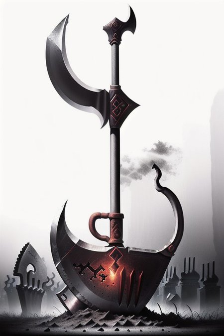 White background, 
"Masterpiece, highest quality, (Shovel-Axe hybrid:1.3) with (glowing runes:1.2) etched on the blades, intricate design, (dark wood handle:1.1), rare magical weapon, detailed craftsmanship, (eerie aura:1.2), professional photography, by Annie Leibovitz, soft lighting, high contrast, vivid colors, (graveyard background:1.0), misty atmosphere, enchanting glow."