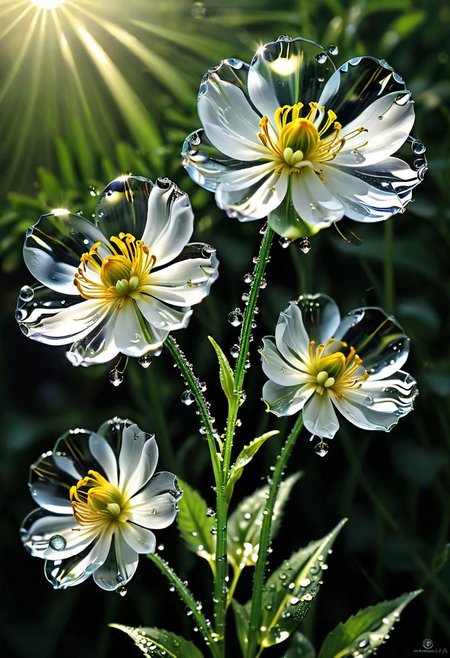 Kim Soo-ja, Realistic, Glass-flowered Dewdrops, Transparent Glass-flowered, Transparent Glass-flowered, Realistically Expressing Flowers, Sparkling Sunshine, One Flower symbolizes breathtaking beauty, Centered in Perfect Composition, Complex Details Showing Unique and Enchanting Elements, Very Detailed Digital Painting, Golden Ratio, Dramatic Lighting, Very Realistic, by Sooja<lora:xl_more_art-full_v1:0.5>
