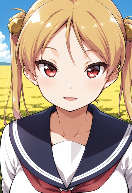 1girl, solo, (field:1.2), (blue sky:1.2), looking at viewer, smile, 
suzunoki_rin, red eyes, blonde hair, twintails, hair bell, school uniform, serafuku, long sleeves, <lora:suzunoki_rin_illustrious_ver1:0.8>, masterpiece, best quality, general,, (upper body:1.2), (close-up:1.2), (facing viewer:1.2), (open eyes:1.4), (portrait:1.2)