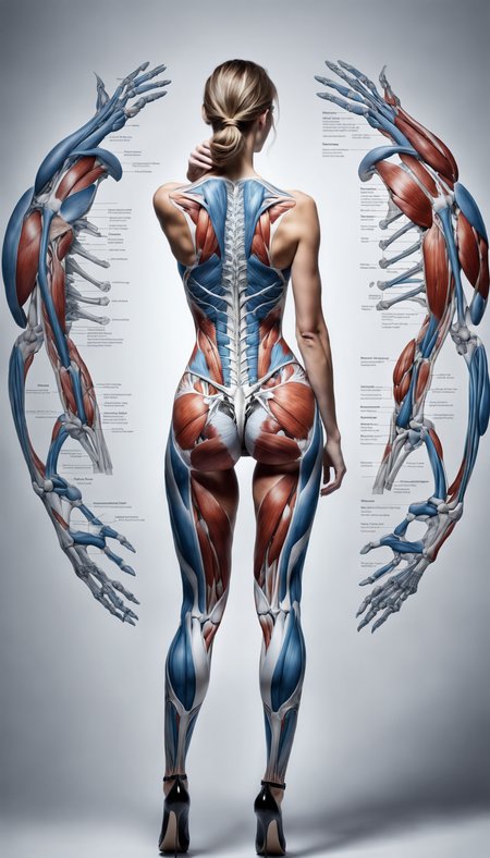 a  (slender:0.3) ((handsome woman with a full (body art made of photorealistic drawing of anatomy of human muscule ))), close waist back view, best quality, sharp clear art