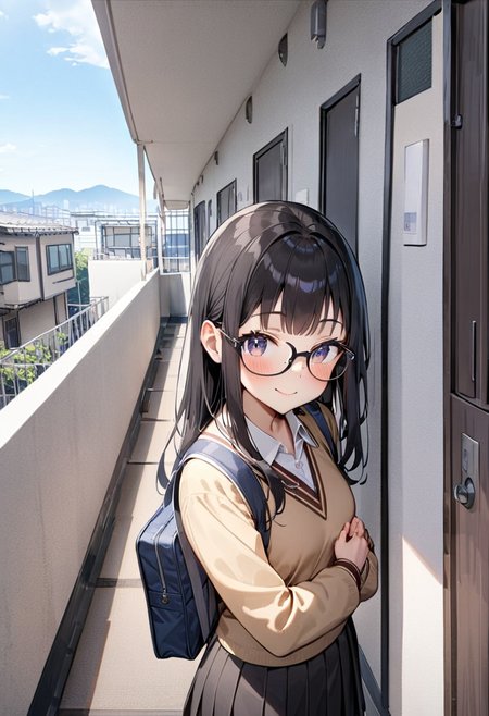masterpiece, best quality, very aesthetic, absurdres,
1girl, glasses, black hair, long hair, school uniform, school bag, smile, blush, solo focus, standing, looking at viewer, 
rouka, hallway, scenery, window, building, day, sky, door, outdoors, blue sky, cityscape, city, real world location, 
 <lora:JProuka_apartment_hallway_SDXL_V1:1>