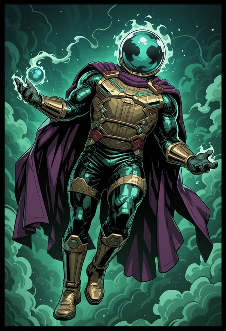 male focus, solo, 1boy, myst3ri0, orb head, helmet, purple cape, bodysuit, armor, muscular, dutch angle, green theme, magic user, levitation, smoke, particles, dynamic, abstract background, black border, gloves, western comics \(style\),
perfect anatomy, masterpiece, perfect quality, best quality, amazing quality, detailed, newest, very aesthetic