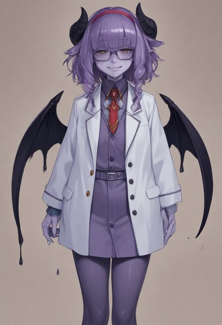 score_9, score_8_up, score_7_up, score_6_up, 1girl, solo, source_anime, purple skin, scar on face, freckles, slime hair, slime girl, pointy ears, demon wings, huge horns, drooling, bangs, hair over eyes, undead, hairband, glasses, suit jacket, white pencil skirt, long skirt, pantyhose, hairband, small breasts, skinny, curly hair, medium hair, hime cut, brown eyes, profile, winking smile, v