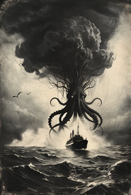 (lots of tentacles out from the sea surface:1.5),(A Blurry huge silhouette hidden in the cloudy sky background far away:0.9),A retro artstyle photo with ship in the middle of a huge whirlpool tore the ship apart,huge waves,rough seas,black clouds,rain,lightning,a dark ocean where unknown dangers behind darkness below,
Lovecraftian horror,An indescribable weird atmosphere,Psychological fear,thriller novel illustration,VintagePhotos,
Masterpiece,8k,sharp image,highest-quality,intricate details,cinematic,best quality,detailed,highest quality,ultra detailed,highres,cinematic light,out of focus,RAW photograph,art portrait,high contrast,highest details,(Telephoto lens:1),
<lora:Desolation:0.3>,<lora:Wizards_Etchings:0.8>,<lora:aesthetic:0.35>,<lora:add-detail-xl:1.5>,<lora:xl_more_art-full_v1:0.3>,
