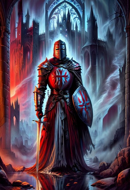 black armor, black knight, score_10, score_9, score_9_up, score_8_up, score_7_up, masterpiece, best quality, duo focus, multiple_boys, 2boys,, two figures, 1980s Fantasy Style, knight, gothic, full plate armor, armor, black, cloak, hood, sword, heavy armor, shield, ghost, reflection, spirit, translucent, red mist, paladin, fighter, rogue, vivid color, castle,