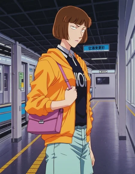 1girl,solo,masterpiece,best quality,anime screenshot, 1990s \(style\), 
<lora:kira_hasue_conan_v1_IL:0.9>,kira hasue,short hair,brown hair,blunt bangs,bob cut,purple lips,ring,black eyes,tsurime,(sanpaku:1.5),orange hooded jacket,long sleeves,black englishtext shirt,open clothes,collared polo shirt,aqua shorts,purple shoulder bag,
<lora:dmd2_sdxl_4step:1>,cowboy shot,looking at viewer, closed mouth, indoors, standing,train station, (from side:0.5),