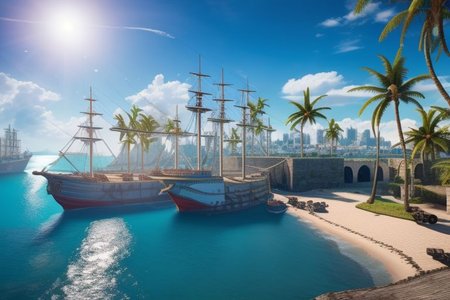 (masterpiece:1.2), (best quality,:1.2), 8k, HDR, ultra detailed, ((photorealistic)), A landscape view of a a city by the sea in the afternoon. Ships docked unloading cargo, waving palm trees. waving palm trees. afternoon sun, blue sky, calm sea, no people, professional light, cinematic lighting, ambient lighting, sunset,