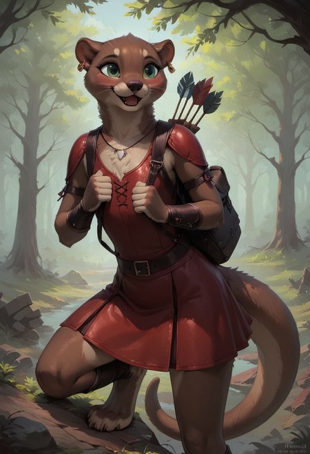 score_9, score_8_up, score_8,
tall cute thin girl, (furry:1.2), 1girl, solo, realistic fur, female otter, small ears, brown-grey fur, green eyes, details down to every fluff, tall, 
white chest tuft, brown-grey body fur, long tail, thick tail, flat chest, brown-grey fur, hunter, bracers, quiver on back, slung bow, bow, arrows, quiver, leather clothing, leather belts, red tunic, short skirt, leather bag, leather shin, leather armor, leather kneepads, quiver, forest trail, stone wall, medieval town, iron earrings, from behind, forest, beautiful sky, sexy eyes, posing, laughing, very detailed face, dainty feet, small feet, blush, teasing, light behind, gorgeous, female furry, animal legs, realistic shadows, cute face with interesting details,