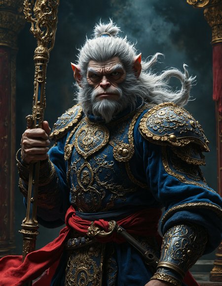 highly detailed cinematic scene, fierce, Sun Wukong, the legendary Monkey King. His wild, silver-gray mane and sharp, intense eyes radiate mischief and power. Dressed in ornate, regal armor, dark blue with intricate golden dragon motifs, Sun Wukong exudes majesty. A vibrant red sash secures his armor, while his muscular frame suggests strength and agility. He wields his iconic golden staff, engraved with ancient symbols, ready for battle. The background, a dimly lit palace hall with ornate pillars and golden accents, evokes a sense of myth and grandeur. Rich tones of blue, gold, and red heighten the sceneâs majesty, <lora:aidmaMJ6.1:0.6>, <lora:fluxenhancer:0.3>