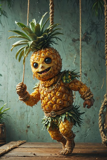 art by Antonio J Manzanedo, a detailed pineapple pirate (swings through the air on a rope:2.0).
deep  depth of field, hyperdetailed photography, masterpiece, best quality, high quality, highres, ultra-detailed, best quality, 8K, high resolution, extreme detail.
<lora:add-detail-xl:2> <lora:MJ52:0.5> <lora:great_lighting:3> great lighting, <lora:PineappleMorph-SDXL-V0.1:1>