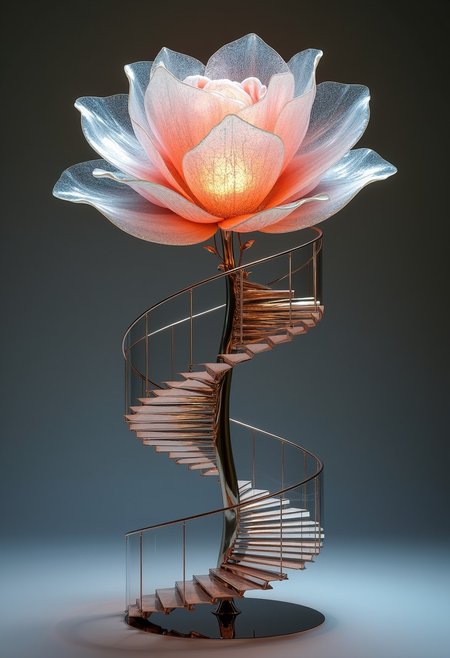 A photorealistic photograph of a large floor-standing sculpture inspired by fractal geometry, designed as a blooming rose merging with a spiral staircase. The rose petals, crafted from layered glass with intricate fractal veins, gradually transition into the steps of the staircase, made from polished metal. The staircase spirals upwards, intertwining with the glass petals, creating a seamless fusion of natural and architectural elements. The entire piece is illuminated with soft, ambient lighting, highlighting the delicate details and reflective surfaces.