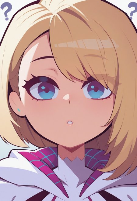 f11ph1style,  masterpiece,   best quality, solo,  gwen stacy, detailed blue eyes, blonde, closeup, confused,