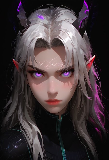 ((score_9_up, score_8_up, score_7_up:1.3)), rating_safe, face closeup, 1girl, rayla, long hair, white hair, horns, pointy ears, purple eyes, wearing a plugsuit, (very attractive face), wide hips, image from above, (expressive eyes), intricate, detailed, dynamic angle, looking at viewer, ((face closeup, from_front)), determined expression, very aesthetic, diffused lighting, every detail illuminated, ultra-detailed, masterpiece artwork, flawless anatomy, easynegative, eye catching,  Expressiveh, g0thicPXL, glowing, neon, arcan3styl3v1, TDPStyle,
