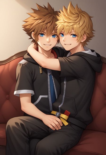 score_9, score_8_up, source_anime, highly detailed, 2boys,
sora, spiked hair, male focus, 1boy, brown hair, blue eyes, zipper, hoodie, BREAK
roxas, 1boy, zipper, male focus, spiked hair, blue eyes, blonde hair, pants, short sleeves, zipper pull tab, 
indoor, sofa, medieval, on lap, hug, smile,