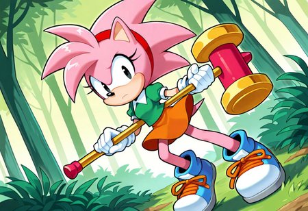masterpiece, best quality, amazing quality, dynamic angle, dutch angle, abstract background, BREAK, ClassicAmyRose, 1girl, sonic the hedgehog, pink spiky hair, pink fur, peach muzzle, large black eyes, red headband, green, short puffy sleeved shirt, white collar, orange skirt, white gloves, blue shoes, orange shoelaces, short body, Holding Piko Hammer, Forest Background, Fight Stance,