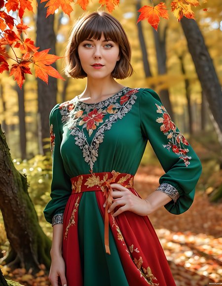M4RY3W, In a vibrant autumnal forest, under the dappled light filtering through golden leaves, stands Mary3w, a woman with short brown hair and bangs framing her angular face. Her lips are painted a bold red that mirrors the ripe berries hanging from nearby bushes. She wears a flowing, emerald green dress adorned with intricate silver threadwork, the fabric billowing slightly in the breeze as she gazes directly at the viewer, her eyes expressing an air of quiet confidence and intrigue. The background reveals a picturesque landscape of towering trees, their branches adorned with fire-colored leaves, creating a breathtaking tableau that frames Mary3w perfectly from a low camera angle, highlighting both her beauty and the majesty of her surroundings.