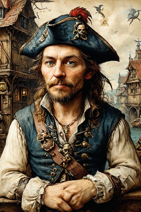 Detailed digital portrait of a Victorian pirate with nautical mystique  at a Timber-framed houses in medieval town,  <lora:ParchartXL-1.5:0.7> on parchment,  <lora:xl_more_art-full_v1:0.5>,  <lora:The_Crazy_Style:0.7>
