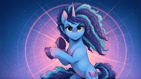 resolution, masterpiece, high resolution, (SOLO: 1.2), wild, detailed background,
<lora:Misty111:1> Misty Brightdawn  blue hair with cyan streaks, blue body unicorn, eyes green <lora:Wholesome-MLP-v1.4b:0.7> <lora:Smooth Style 2 SDXL_LoRA_Pony Diffusion V6 XL:1>t,,solo plain background, , solo,, FIGHTING STANCE, , LOOK AT THE VIEWER, ABSTRACT BACKGROUND,