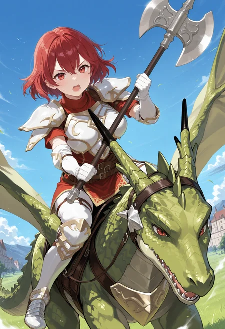 SmoothNoob_Quality,masterpiece,outdoors,sky,flying,1girl,1other,solo,large breasts BREAK wyvern rider,dragon riding,knight,green dragon,flying,breastplate,open mouth,shoulder armor,pegasus knight uniform \(fire emblem\),<lora:wyvern rider-NAI:1>,<lora:NOOB_vp1_detailer_by_volnovik_v1:1>,holding axe,
