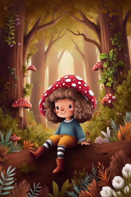 illustration.
A young girl sitting in a lush, mystical forest. She has curly brown hair and wears a bright red mushroom cap with white spots, resembling a mushroom. She is dressed in a blue long-sleeved shirt, yellow pants, and knee-high socks with black and white horizontal stripes. <lora:alicesa1_cap_d6a3:1.0><lora:830682881903971738:0>