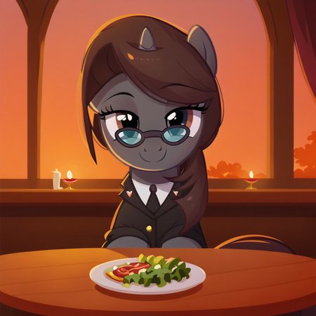 masterpiece, perfect detail, best high quality, source_pony, show accurate, cute, 1girl, female, solo, oc:sonata, glasses, attorney suit, badge on collar, pony, tail, sitting, sitting in chair, table, wine glass, wine bottle, plate, silverware on table, fork, knife, napkins, fancy restaurant, salad on plate, candles, windows, sunset, smile, closed mouth, beautiful, bedroom eyes, looking at you, facing you, sitting across from you, pov, score_9, score_8_up, score_7_up, score_6_up, score_5_up, score_4_up