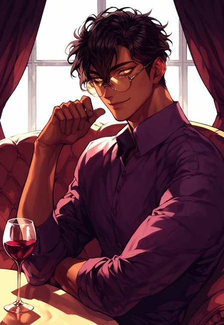 safe_pos, score_9, score_8_up, score_7_up, anime, best quality, 1male, short hair, black hair, brown hair, hair between eyes, golden eyes, bright eyes, brown skin, handsome, brown eyelashes, long eyelashes, Roman nose, toned,
,
, 
dynamic pose, character design, calm look, calm,
,
,
seductive smile, sitting on couch, looking at you, flirty, bright smile, elegant purple shirt, dark lighting, busy restaurant, wine glasses, table full of food,
