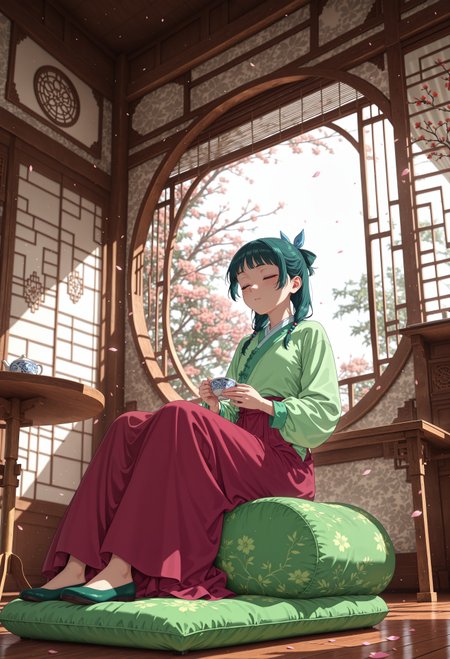 masterpiece, best quality, amazing quality, very aesthetic, absurdres, dynamic angle, ultra-detailed, highly detailed, cinematic lighting, realistic shading, intricate details, soft lighting, high contrast, depth of field, perspective, 
BREAK
ADMao2, 1girl, green hair, blue eyes, freckles, flat chest, defaulthairstyle, low twintails, half updo, hair beads, blue hair bow, hair over shoulder, defaultoutfit, green aoqun, red long skirt, green flats, 
BREAK 
indoors, holding a porcelain teacup, sitting on a fluffy round cushion, eyes closed, bamboo screen, ornate wall, table, circle window, wooden floor, open window, spring garden view, plum blossoms, floating petals, 