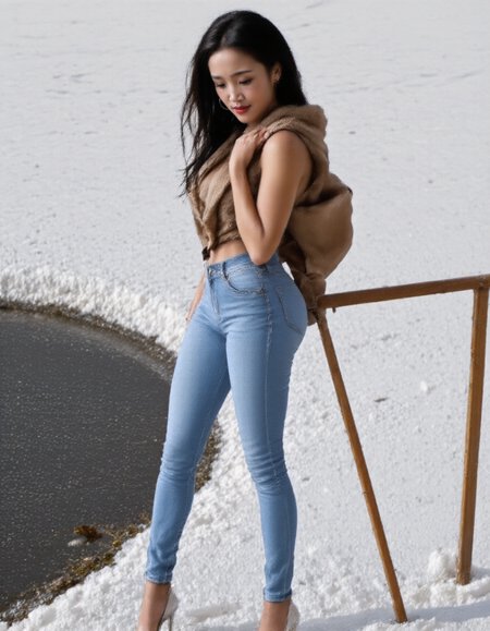 high angle,half profile picture of a model confidently Standinging besides a pond in a snow landscape. She placed her elbow akimbo with one hand,striking a seductive pose.She was wearing a gorgeous fur jacket on her upper body.,her skin is pale and her long,black,side swept,hair dances in the wind. she wears an,tight,jeans,meshing with her high heels and highlighting her toned body. her fur boa,puffy and voluminous,big,tight ass,hanging down her shoulders,flowing in the wind. near her a small pond with azure water,crystal clear and transparent,seemingly melting with the azure sky. the landscape lacks vegetation or rocks,consists of gentle harmonic snow hills. the image is very luminous and bright. the lighting soft and even,ethereal at times,highlighting clothing,skin and the soft snow shades. the image is an breathtaking blend of mysteriousness and fashion.,,,ABJeansBWFur,,aidmafluxproultra,,,,<lora:roundassv16_FLUX:0.7>,<lora:BustyWomen-v3:0.7>,<lora:aidmaFluxProUltra:0.4>,<lora:Beautiful and sexy lady-Flux:1>,<lora:ABJeansBWFur_rank16_bf16:1>,<lora:aidmaFluxPro1.1Stylev0.2:1>