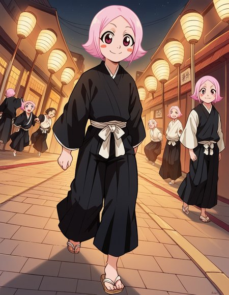score_9, score_8_up, score_7_up, source_anime, <lora:yachiru-kusajishi-anime-ponyxl-lora-nochekaiser:1>, yachiru kusajishi, short hair, pink hair, pink eyes, blush stickers, forehead,, long sleeves, japanese clothes, hakama, black hakama,, city street, evening, streetlights, walking dog, quiet neighborhood, gentle breeze, smile, , foot on tiptoe, hand behind back, elbow bent, solo,, cowboy shot, dutch angle