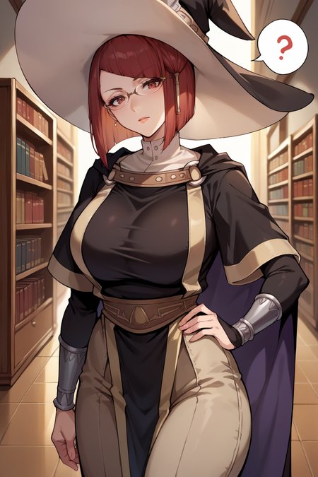 score_9, score_8_up, score_7_up, score_6_up, source_anime BREAK 1girl, solo,  <lora:femiriel-pdxl-nvwls-v1-000005:1> miriel, red hair, witch's hat, glasses, cape, black robe, brown pants, big breasts, hand on hip, looking at you, head tilt, spoken question mark, hallway, bookshelf
