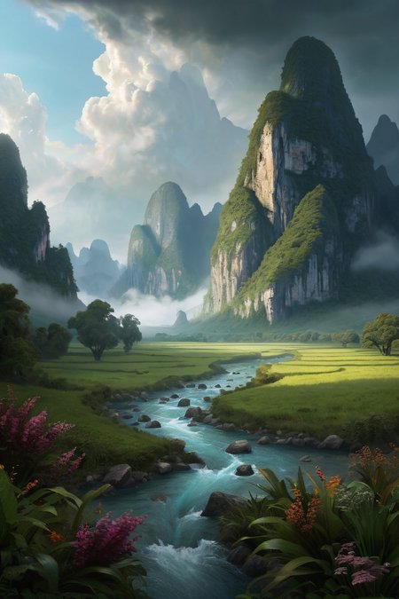 Vietnamese karst mountains emerging from pearl-mist rivers, mountainous_horizon,  evening,weather raining indoors cinematic view, epic sky, detailed, concept art, medium angle, high detail, warm lighting, volumetric, godrays, vivid, beautiful, trending on artstation, by jordan grimmer, huge scene, grass,flower, art greg rutkowski,