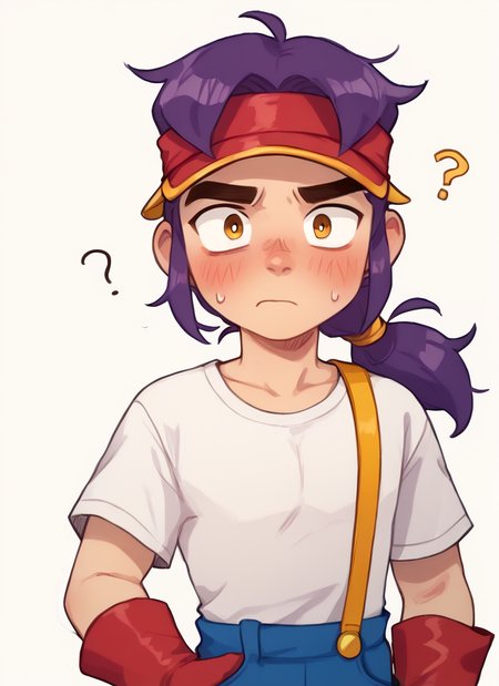 score_9, score_8_up, score_7_up,   <lora:bsfang:1> , bsfng, ,1boy, purple hair, low ponytail, white shirt, red visor cap, red gloves, suspenders, blue pants, , <lora:PossumMachine:1>posmach   , confused, blush, nervous, looking at viewer, solo ,  ???