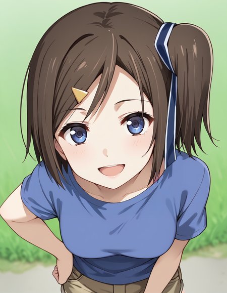 score_9, score_8_up, score_7_up, source_anime, BREAK
1girl, solo, looking at viewer, upper body, from above, blurry background, grass, trees, arm on waist, 
hatsuna wakabayashi, short hair, one side up, side ponytail, hairclip, hair ribbon, dark blue eyes,
casual outfit, blue shirt, short sleeves, brown shorts, sneakers
seductive smile, leaning forward, pov, open mouth,
<lora:hatsuna_wakabayashi_anime-soralz:1>