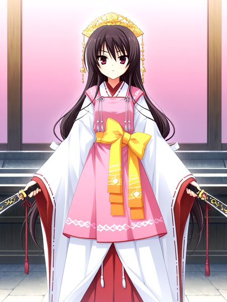 masterpiece,best quality,newest,absurdres,highres,detailed eyes,beautiful,detailed background,solo,perfect eyes,anime coloring,full_shot,anime screencap,
nsfw,explicit,<lora:add-detail-xl:1>,<lora:ponyv4_noob1_2_adamW-000017:0.8>,wear clothes,
1girl,
looking at viewer,standing,
<lora:il-unohana-sakuya-KAMI:1>,il-unohana-sakuya,1girl,ukami outfit,solo,very long hair,wearing a pure white furisode kimono with long flowing sleeves and a floor-length hem,layered with red and pink fabrics,a  pink upper long apron integrated into the outfit,shrine maiden ceremonial outfit,golden headdress,yellow bow on waist,elegant white gown with a trailing hem,a ceremonial deep red pleated inner garment trailing beneath the outer white kimono,
holding closed black fan,