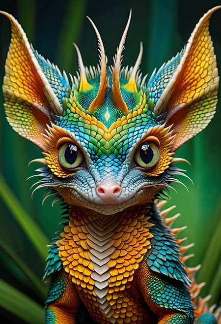 Produce a visually striking, masterpiece of wildlife portrait_futurism of a hybrid creature, combining the vibrant, intricate scales of a colorful Dragon Fire, Blue scales with the endearing features of a cute chibi aye-aye. The hybrid creature's skin boasts a kaleidoscope of rich, iridescent hues, ranging from deep emerald greens to shimmering sapphire blues, creating a mesmerizing display of color and texture. Its eyes, large and expressive like those of an aye-aye, exude a sense of innocence and curiosity, framed by long, fluffy lashes that add a touch of whimsy to the creature's appearance. The creature's slender fingers, tipped with delicate claws, exhibit a surprising dexterity and grace, while its tail, adorned with intricate patterns reminiscent of exotic reptilian scales, coils elegantly around its body. The vivid contrast between the lizard's reptilian features and the aye-aye's endearing characteristics results in a captivating, one-of-a-kind creature that effortlessly blends beauty and charm.