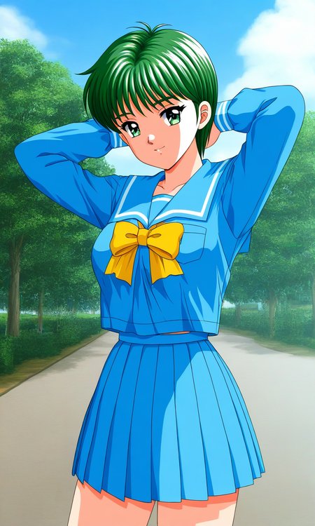 general,highres, ultra-detailed,very aesthetic,best quality ,best hands, BREAK <lora:Kiyokawa_Nozomi_Tokimeki_Memorial_IS:1>
Kiyokawa_Nozomi(Tokimeki_Memorial), 1girl, solo, green hair, short hair, green eyes, bangs, medium breasts,
blue school uniform, blue skirt,  serafuku, pleated skirt, smile, long sleeves, arms behind head, 
looking at viewer, yellow bow, arms up,  blue sailor collar, blue sleeve,
standing, outdoor, day, sky, tree, light smile,