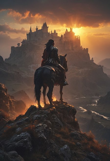 dramatic and intense scene, a valiant knight in full armor on a powerful black horse standing on the crest of a hill,  In the background a medieval castle looms against the barren, rocky landscape, the sun sets in the background, <lora:MJ52:0.6>, <lora:EpicF4nta5yXL:0.8>, <lora:add-detail-xl:1>, <lora:zavy-cntrst-sdxl:1>