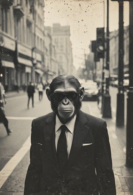 a street photography snapshot of a chimp wearing a black suit with a white shirt and black necktie and wearing black Rayban style sunglasses standing at a pedestrian crossing, shallow depth of field, highly detailed, bokeh, film grain, ward winning photo